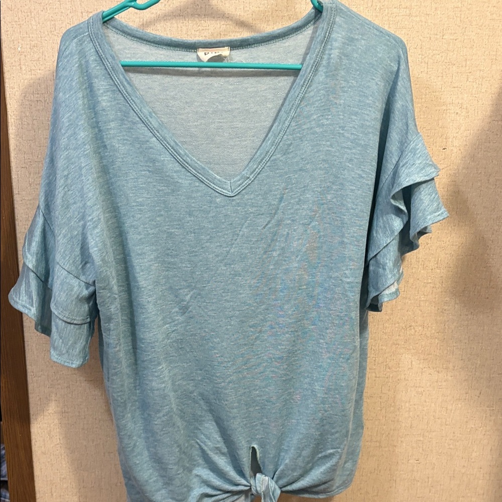 BiBi Sky Blue Ruffle Sleeve Tie-Front Tee